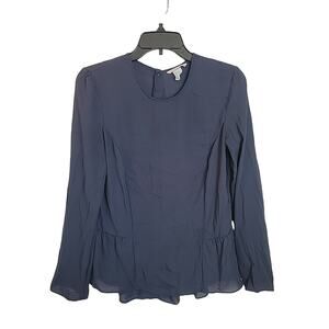 H&M Blue Button Back Chiffon Long Sleeve Boho Peasant Peplum Top Women's Size 8